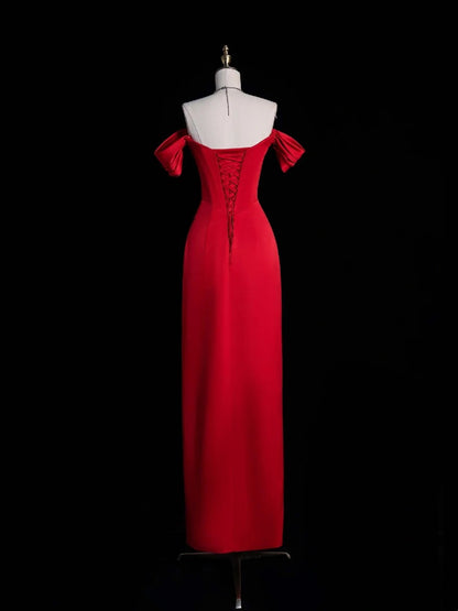 Chic Sheath Off The Shoulder Red Satin Slit Senior Prom dresses High School Long Formal Dress N1271