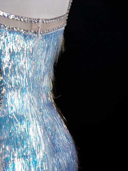 Glittering Mermaid Spaghetti Strap Blue Long Prom Dresses Inspo 18th Birthday Outfits Formal Dress N487