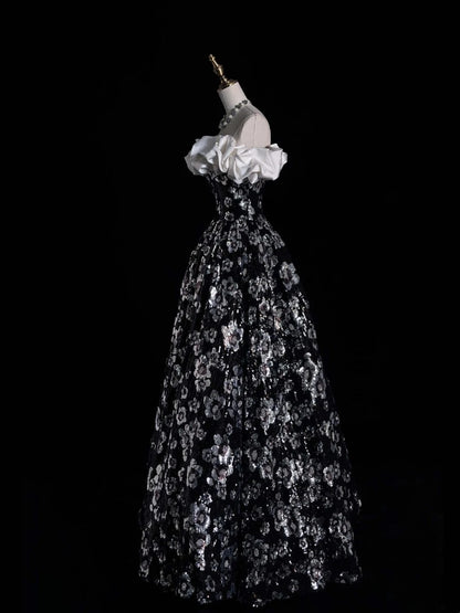 Modest Ball Gown Off The Shoulder Black Floral Sequin College Formal Sweet 16 Outfit Long Prom Dresses For Teens N1166