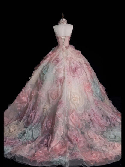 Modest Ball Gown Strapless Pink Floral Tulle Prom Dresses Inspiration Party Gowns Princess Formal Dress N755