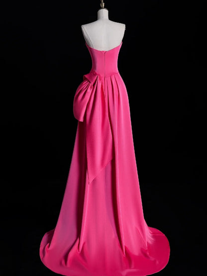 Simple Mermaid Strapless Pink Satin Pleated With Satin Long Prom Dresses Formal Gowns N849