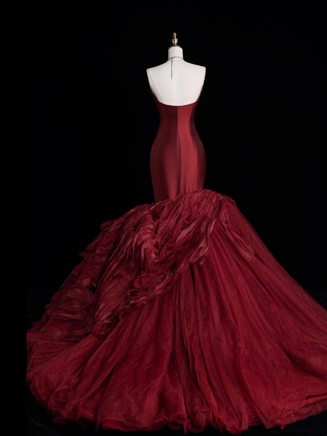 Princess Mermaid Sweetheart Burgundy Tulle Pleated Ruffles Satin Long Formal Evening Dress Gowns Prom Dresses N745