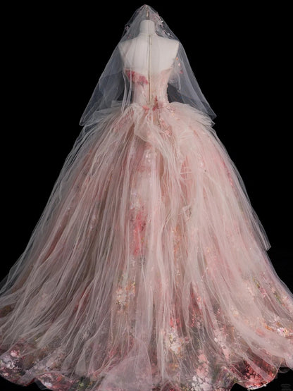 Modest Ball Gown Strapless Pink Floral Tulle Prom Dresses Inspiration Party Gowns Princess Formal Dress N756