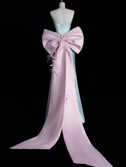 Stunning A line Sweetheart Blue Satin With Bow-knot Prom Dresses Inspiration Evening Dress Princess Graduation Gown N1080