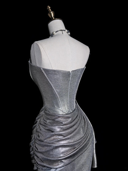 Whimsical Mermaid Strapless Silver Gray Sequin Pleated Bodice Long Prom Dresses Night Formal Dress N611
