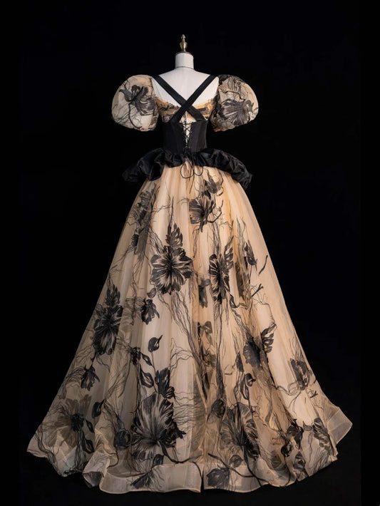 Modest Ball Gown Sweetheart With Puffy Short Sleeves Black Floral Long Prom Dress For Women Girls Evening Dresses N652