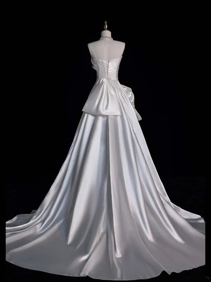 Princesses Elegant Sheath Strapless White Sequined With Satin Train Wedding Gown Short Fairytale Summer Wedding Dresses N668