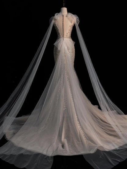 Sparkly Wedding Dresses Mermaid V Neck Ivory Sequins Long Brides Dress Fitted Bridal Gown N1353