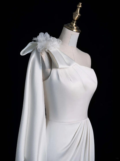 Pretty Mermaid One Shoulder White Satin With Buttons Long Brides Gown Bridal Dress Wedding Dresses Style RB6553