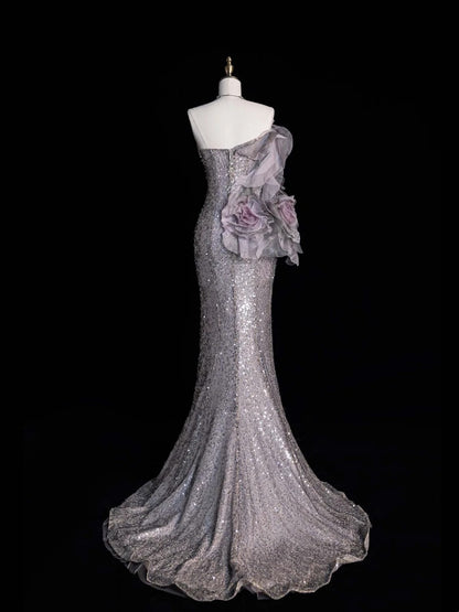 Princess Mermaid Sweetheart Grey Sequined With Slit Long Formal Evening Dress Gowns Prom Dresses N743