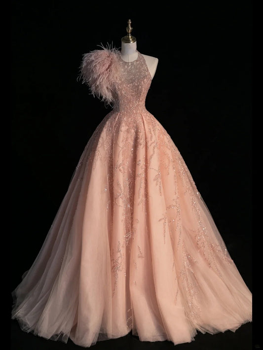 Modest Ball Gown Jewel Neck Pink Beaded Bodice Tulle Long Formal Evening Dress Gowns Formal Prom Dresses N748