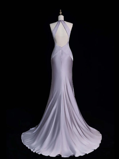 Princess Mermaid Halter Dusty Lilac Satin Long Formal Evening Dress Gowns Prom Dresses N744