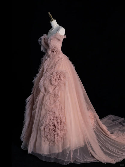 Beautiful Ball Gown Spaghetti Strap Pink Tulle Long Prom Dresses Inspiration Evening Gowns Formal Prom Dress N1214