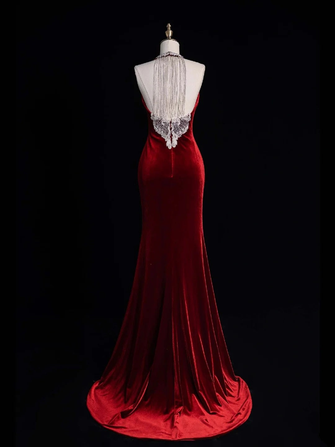 Stunning Mermaid Scoop Neck Burgundy Velvet With Tassels Prom Dresses Inspiration Evening Dress Princess Graduation Gown N1082