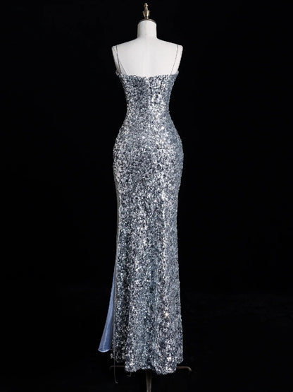 Chic Mermaid Spaghetti Strap Silver Gray Sequins Senior Prom dresses High School Long Formal Dresses N1269
