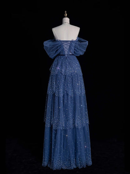 Modest A Line Off The Shoulder Navy Blue Tulle Prom Dresses With Sleeves Inspiration Party Gowns Princess Formal Dress N764