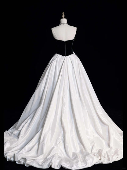 Modest Ball Gown Sweetheart Black Top White Satin Long Prom Dress For Women Girls Evening Dresses N650