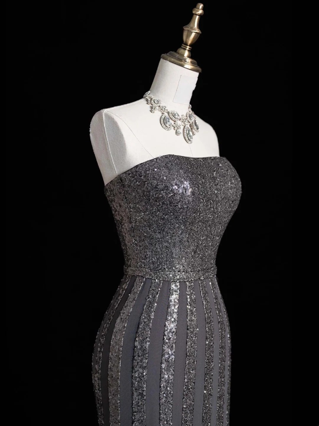 Sparkly Mermaid Strapless Silver Grey Sequins Senior Prom Dresses High School Long Formal Dress N1282
