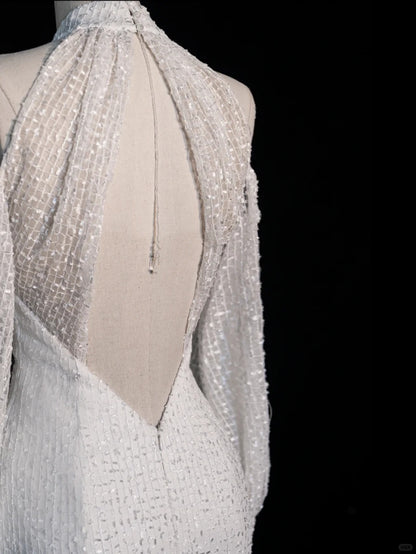 Pretty Mermaid High Neck Sequin White Backless With Slit Brides Gown Bridal Dress Style Long Wedding Dresses RB6564