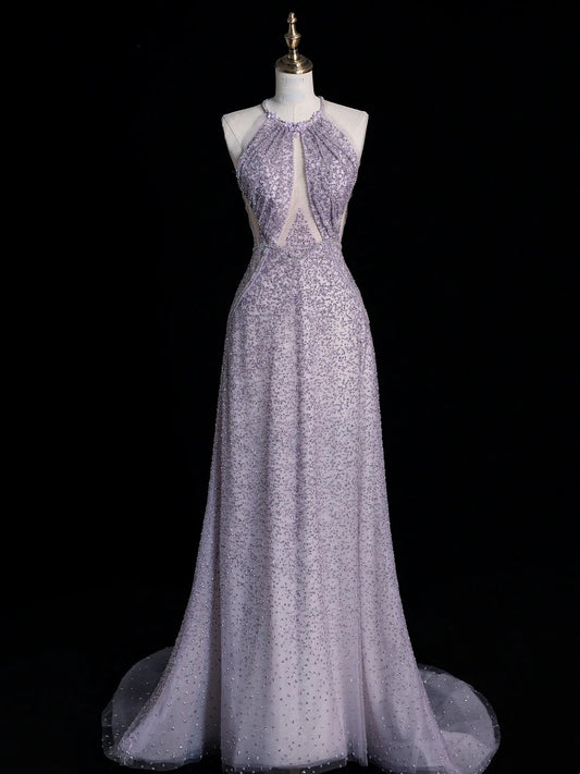 Modest A line High Neck Silver Gray Sequins Prom Dresses Inspiration Party Gowns Princess Formal Dress N771