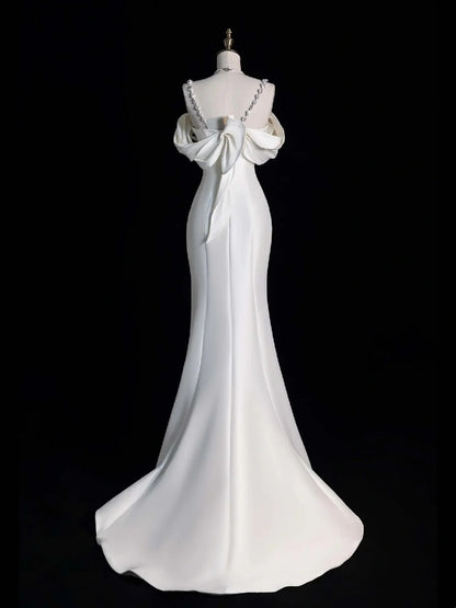 Modest Mermaid Sweetheart With Straps Sleeves White Satin Wedding Dress Long Fairytale Autumn Wedding Dresses N514