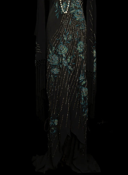 Vintage Prom Dresses Aesthetic Mermaid Halter Floral Chiffon Black With Beaded Crystals Bodice Inspo Formal Party Gowns N1824