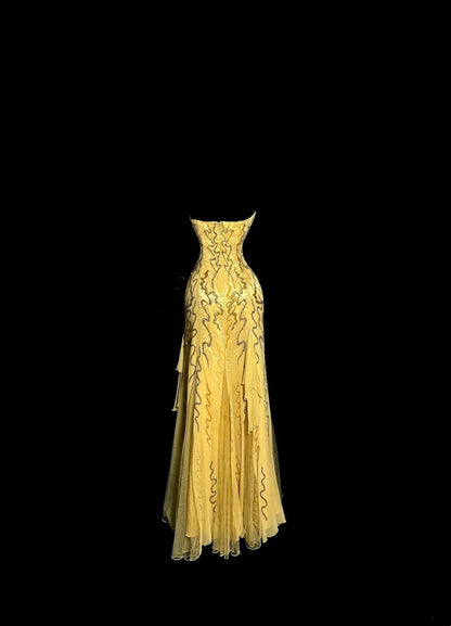 Modest Prom Dresses Mermaid Strapless Gold Chiffon With Beading Long Formal Evening Dress N3863