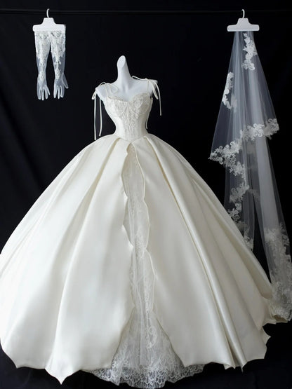 Simple Wedding Dresses Ball Gown Spaghetti Strap White Satin With Lace White Long Bridal Gown N2951