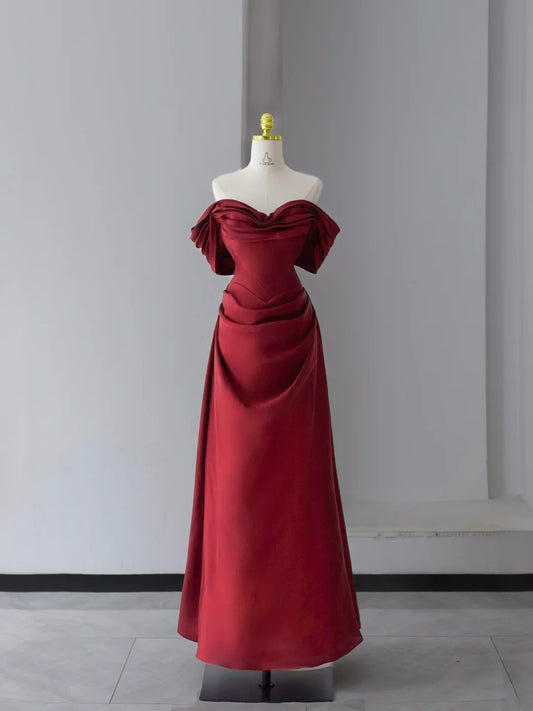Simple Prom Dresses A Line Off The Shoulder Burgundy Satin With Ruffle Long Formal Gown N2946