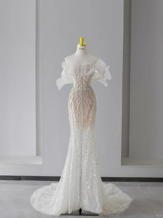 Princess Wedding Dresses Mermaid Off The Shoulder White Sequined With Short Sleeves Bridal Gown N3089