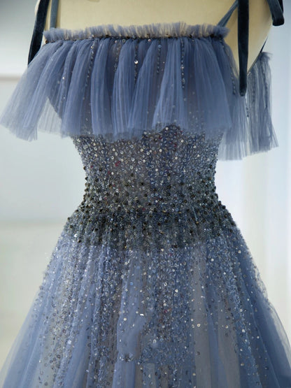 Romantic A Line Spaghetti Strap Dusty Blue Grey With Beading Formal Dress Long Prom Dresses N2856