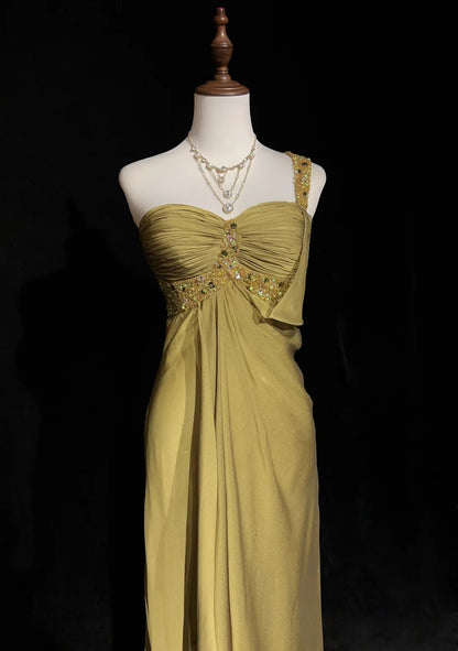 Vintage Prom Dresses A line One Shoulder Gold Chiffon 1990s Long Formal Evening Gown N2664