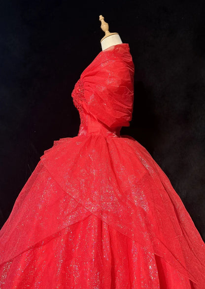 Princess Lace Strapless Red Sweet 16 Dress Ball Gown Formal Party Outfits Sweet Sixteen Dress RC0081