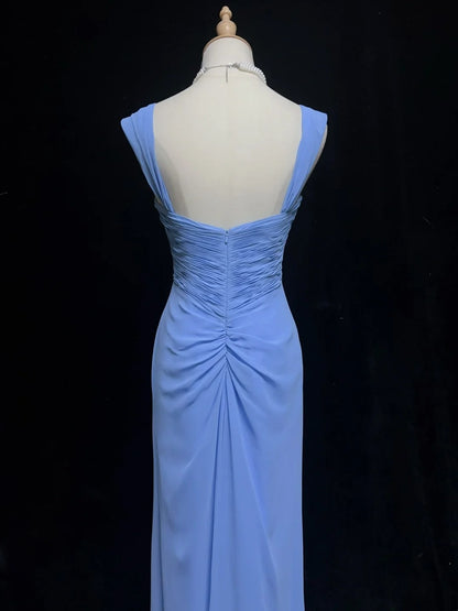 Vintage Prom Dresses A line Off The Shoulder Blue Chiffon With Beading Cape 1970s Long Formal Gown N2612