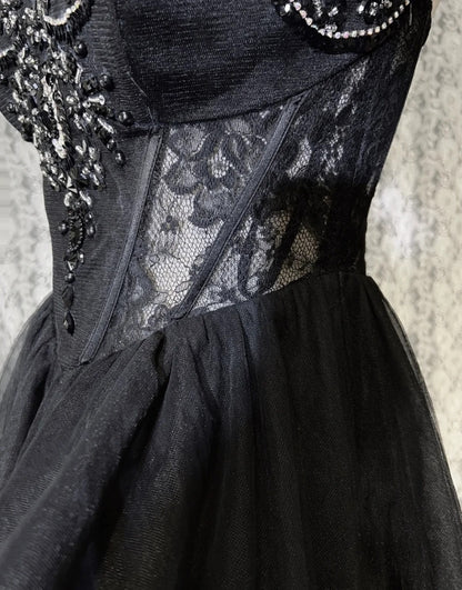 Pretty Ball Gown Spaghetti Strap Little Black Tulle Short Mini Homecoming Dresses N2521