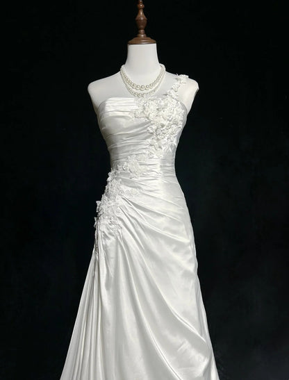 Vintage Prom Dresses Inspo Mermaid One Shoulder White Satin 80s With Lace Formal Gowns N3380