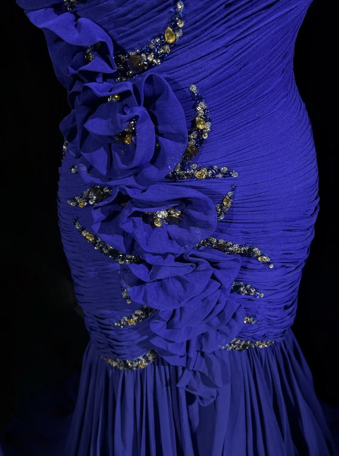 Vintage Prom Dresses Mermaid One Shoulder Royal Blue Chiffon With Beading 3D Flowers Long Formal Dress N2458