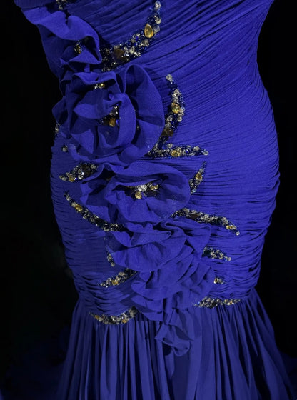 Vintage Prom Dresses Mermaid One Shoulder Royal Blue Chiffon With Beading 3D Flowers Long Formal Dress N2458