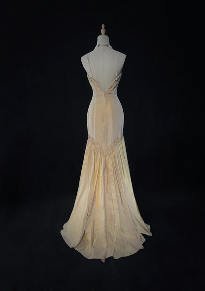 Vintage Prom Dresses Inspo Mermaid Spaghetti Strap Yellow Taffeta Long 1990s With Beading Formal Gowns N3328