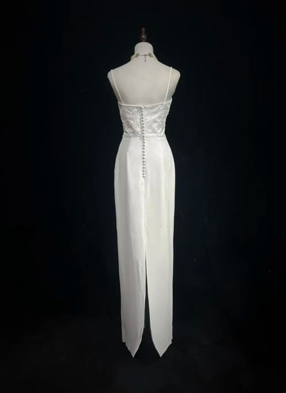 White Prom Dress Inspo Sheath Spaghetti Straps With Beading Modest Long Formal Party Gown RC0086