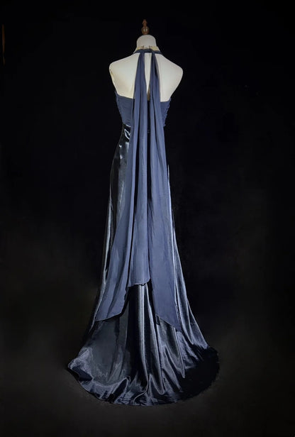 Vintage Prom Dresses Mermaid Halter Navy Blue Chiffon Satin 1990s Formal Evening Gown N2655