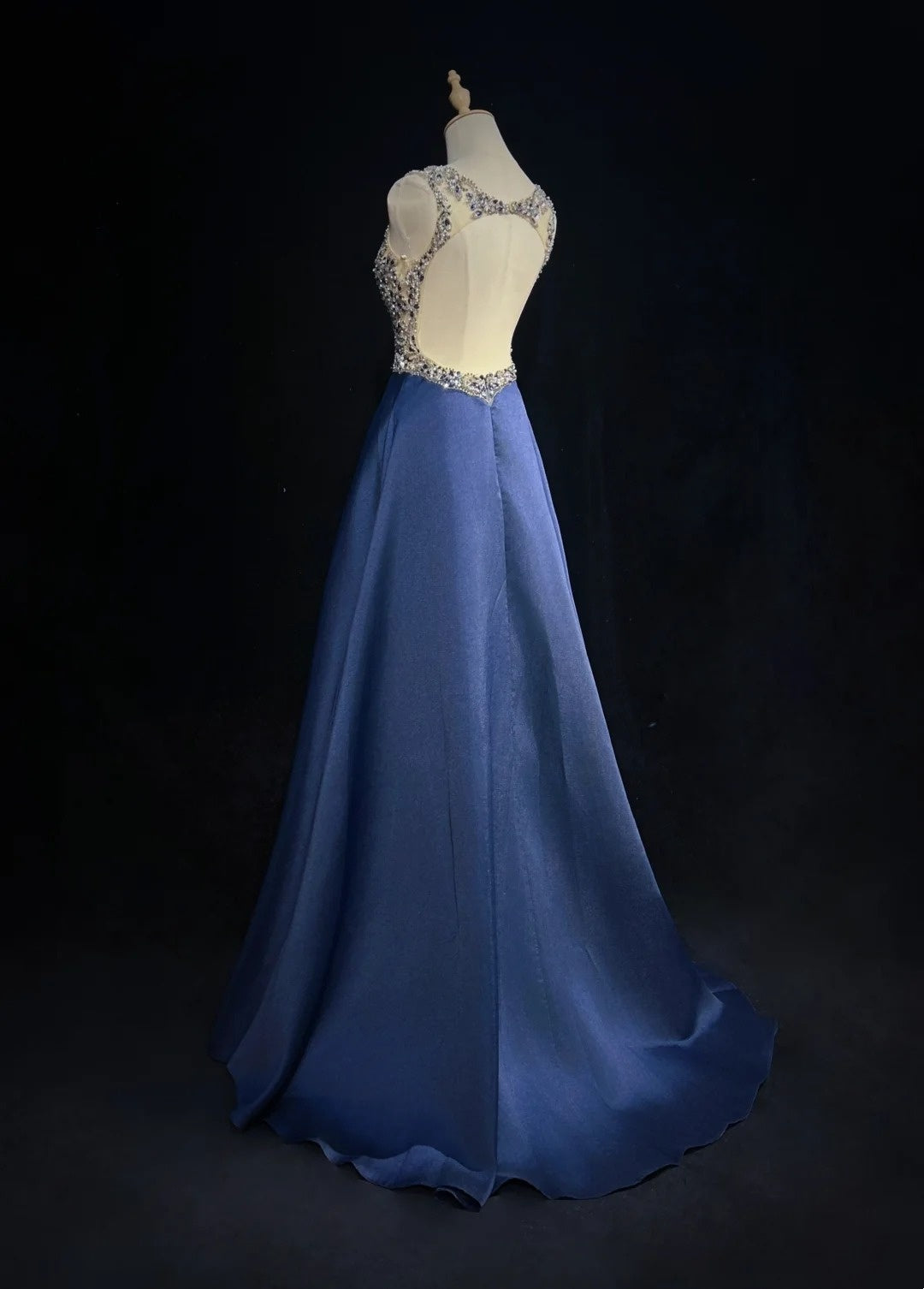 Vintage Prom Dresses A line Scoop Navy Blue Satin 80s With Beading Long Formal Evening Outfits N4220