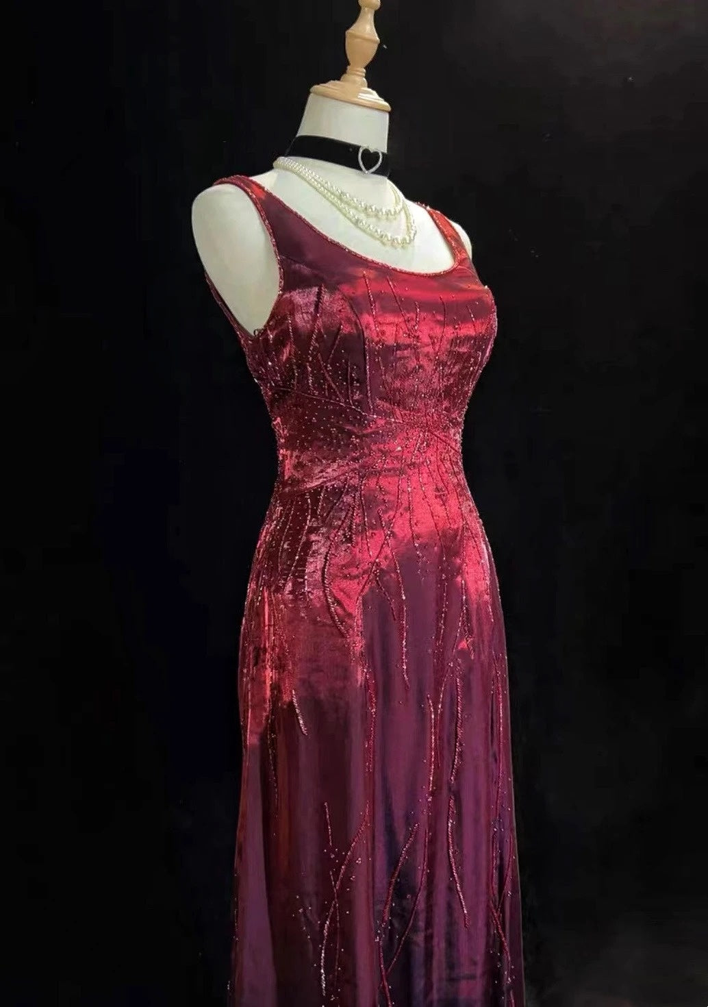 Vintage Prom Dresses A line Square Burgundy With Sparkles Beaded 80s Evening Formal Dress RB3278