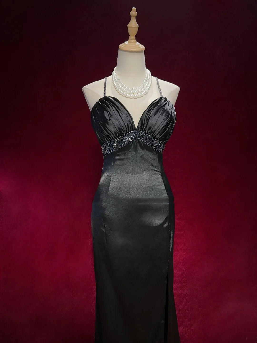 Vintage Prom Dresses Mermaid Spaghetti Strap Black Tie Dress Sleeveless Taffeta 90s Long Formal Gown N2882