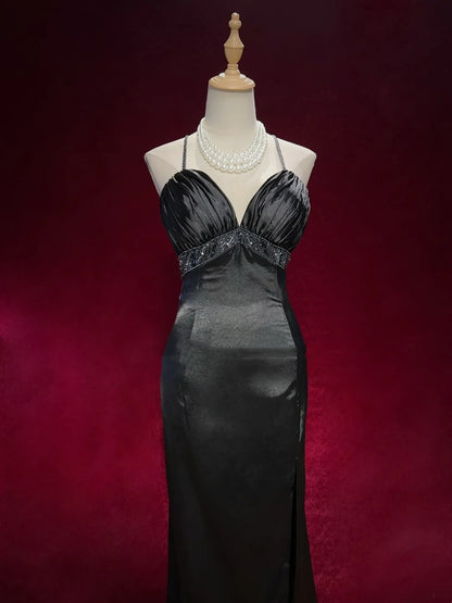 Vintage Prom Dresses Mermaid Spaghetti Strap Black Tie Dress Sleeveless Taffeta 90s Long Formal Gown N2882