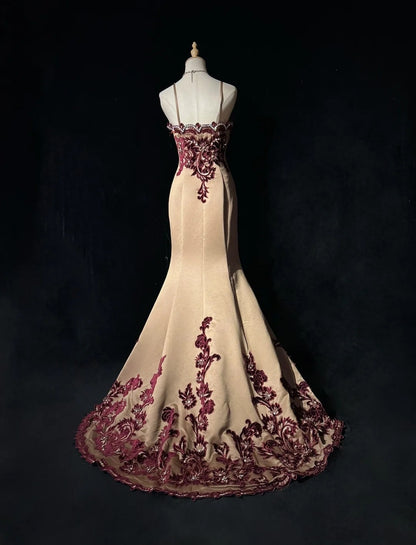 Princess Prom Dresses Mermaid Spagehtti Strap Champagne With Burgundy Embroidery Evening Long Dress N3291