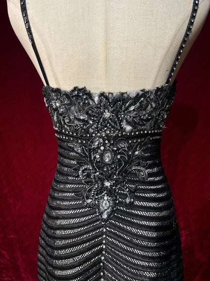 Black Prom Dress Inspo Mermaid Spaghetti Straps Satin With Beading Long Formal Party Gown RC0092