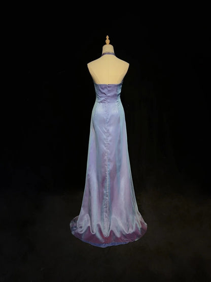 Elegant Prom Dresses A line Halter Gradient Colors Grape Chiffon With Beaded Sleeveless Long Formal Gown N2894