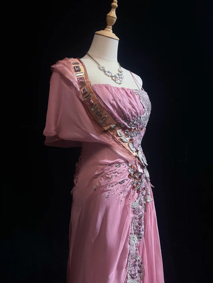 Vintage Prom Dresses Mermaid Pink Chiffon With Beading Applique 1970s Long Formal Gown N2620