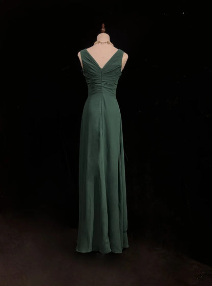 Simple Prom Dresses A line V Neck Dark Green Chiffon Floor Length Ruffled Formal Evening Dress N3686
